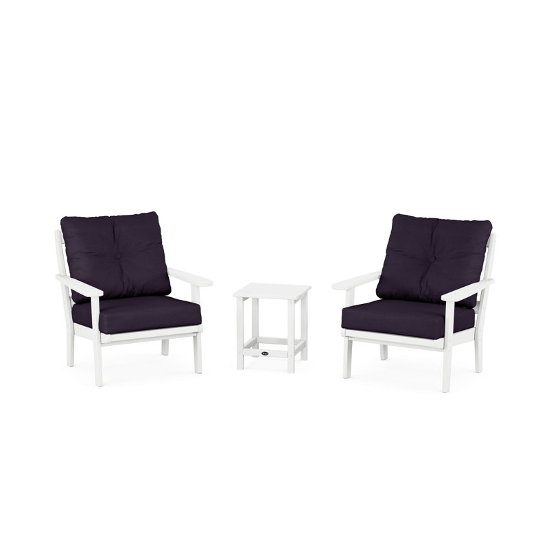 Ensemble de conversation à assise profonde 3 pièces Cape Cod, Blanc classique, Lin bleu marine