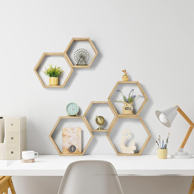 Wall Mounted Farmhouse Wood Storage Honeycomb Wall Shelf Set Of 6 Hexagonal Shelves For Home Decor, Living Room, Bedroom, Office, Light Brown