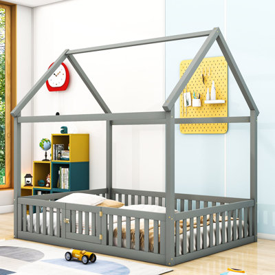 Billee Full Size Wooden House Bed with Fence and Door