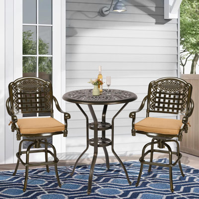 World Menagerie 3-Piece Patio Swivel Bar Set, All-Weather Cast Aluminum Outdoor High Bar Stool Bistro Set For Backyard Garden Deck With 2 Cushions Bar -  2BDA56F9B208462A9096DA621CE7FDC8