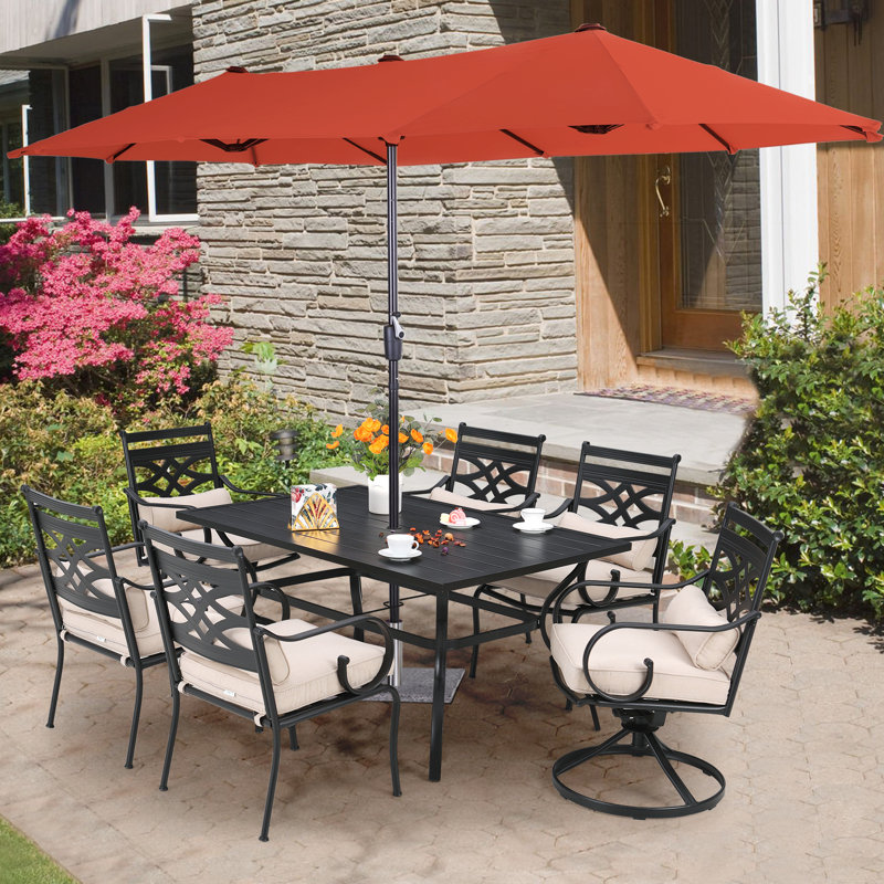 6 - Person Outdoor Dining Set with Umbrella Featuring 2 Swivel Chairs, Red