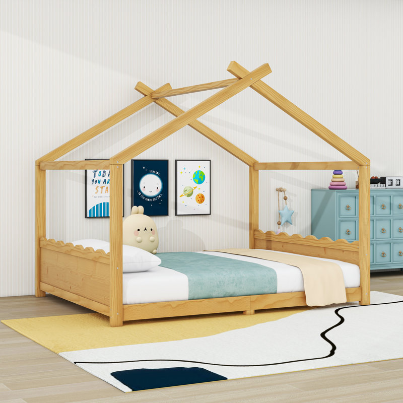 Wood House Floor Bed With Slats, Natural, Queen