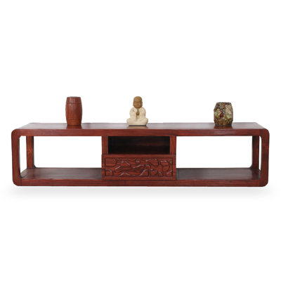 Nouveau meuble télé en bois massif sculpté à la main avec tablettes ouvertes et tiroirs de rangement