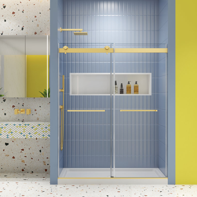 Bathroom Bypass Shower Door - 48"X74", 5/16" Tempered Glass, Brushed Gold, Soft Close With Smooth Sliding System 48X74, Fascinating Style