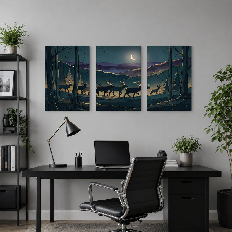 Ensemble de 3 impressions sur toile, "Deer Herd Under Crescent Moon Forest", H 18 po x l 12 po x 3 pièces
