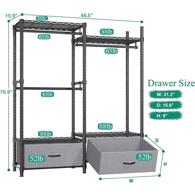 Black Adjustable Heavy Duty Clothing Rack with Gray Drawers