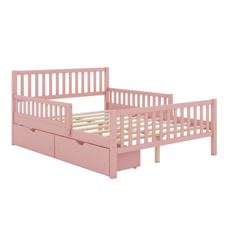 Lit plateforme en bois avec garde-corps des deux côtés et tiroirs de rangement, Lit double, Rose
