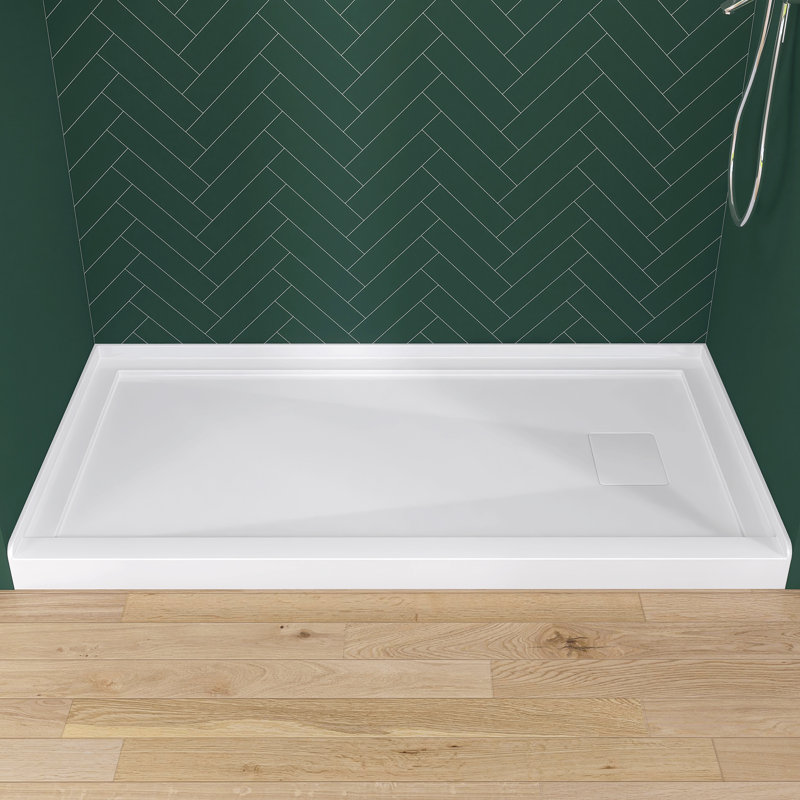 60" X 32" Single Threshold Shower Pan Base In White With Right Drain Assembly & Drain Cover Included