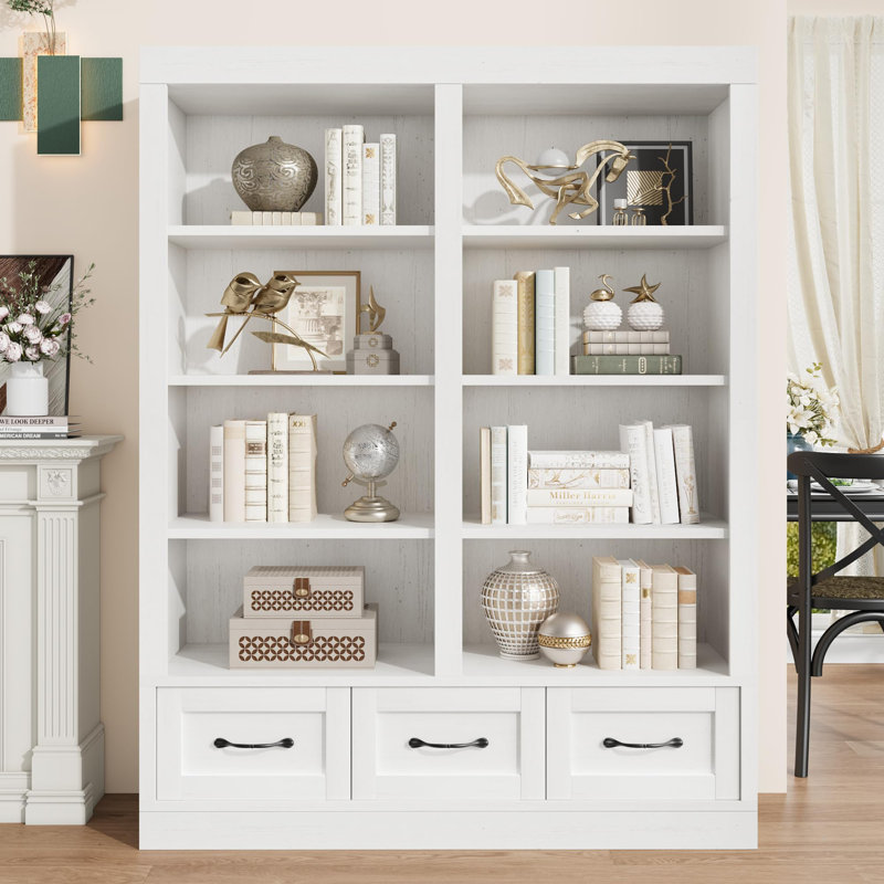 Bibliothèque de 64 po de hauteur avec 3 tiroirs de rangement, bibliothèque haute avec 4 tablettes ouvertes, Blanc