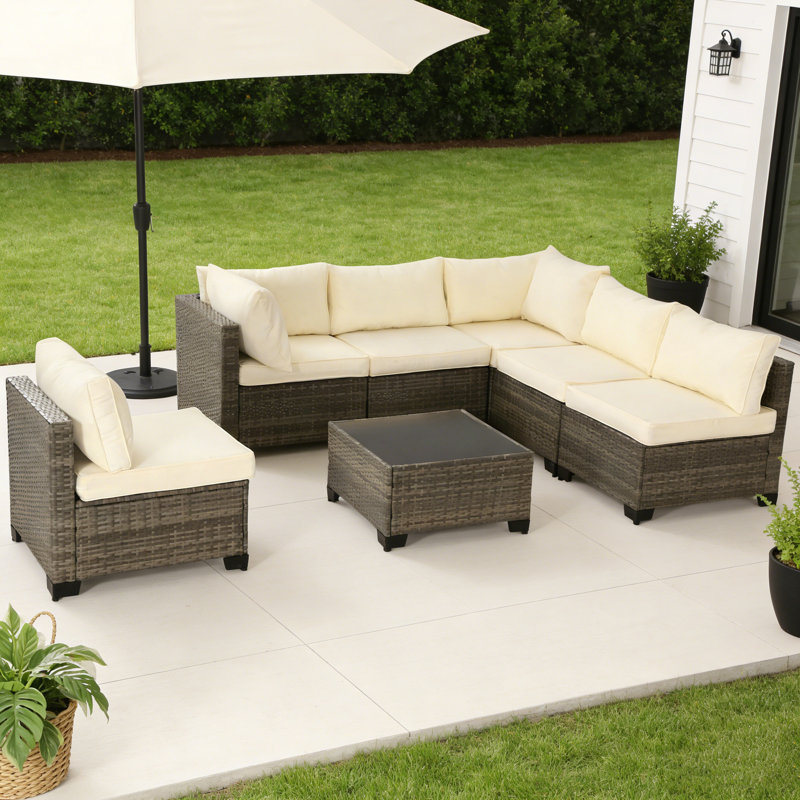 7-Piece Outdoor Patio Seating Group with Cushions, Beige, Black