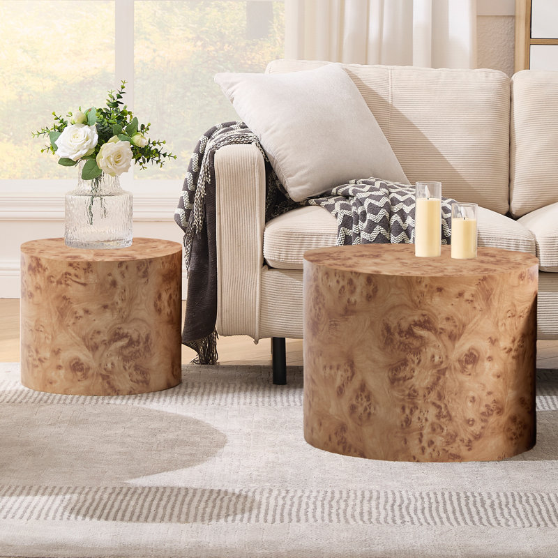 Round Nesting Drum Coffee Table For Living Room, Bedroom Without Assembling, Yellow Wood