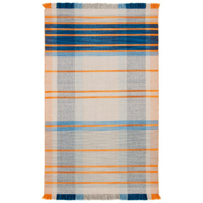 Tapis en laine / coton à tissage plat Anjail - orange / bleu