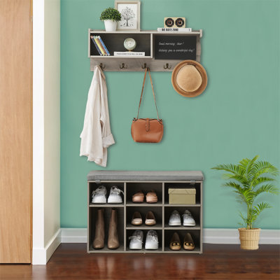 Coat Rack Shoe Bench Set in Wood - 31.5-Inch Entryway Hall Tree with 5 Hooks and 8 Storage Compartments for Hallway or Entry Area