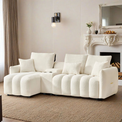 Canapé d'angle 92 po 92 po en peluche de haute qualité, canapé modulaire à 3 places avec port USB et porte-gobelets, très grand canapé rembourré, canapé moderne en L avec espace de rangement