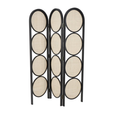 Bartle Black Wooden Geometric Handmade Arched Foldable 3 Panel Partition Room Divider Screen with Woven Cutouts by Bayou Breeze