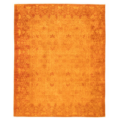 Tapis orange en laine noué à la main de conception unique 7 pi 10 po x 9 pi 7 po