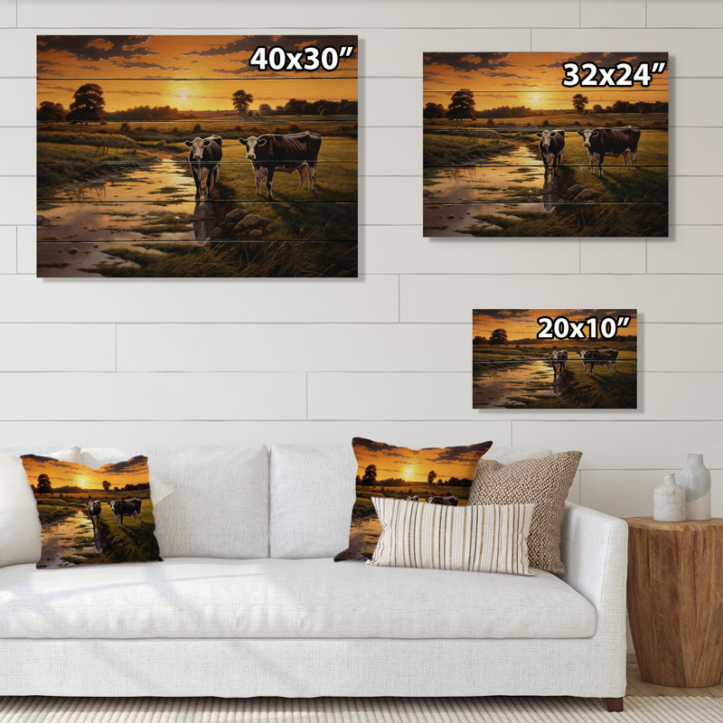 Cows at Farm Landscape IV sur impression sur bois, H 24 po x l 32 po x P 0,78 po
