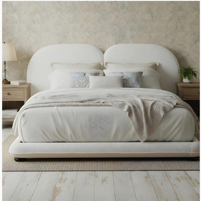 Structure de lit tapissier extra épais avec tête de lit fendue luxueuse, tissu molletonné Teddy, 800 lb, robuste, facile à assembler, blanc, très grand