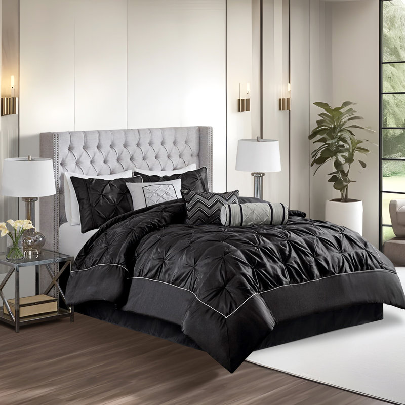 Shelby 7-Piece Padded Comforter Set, Black, Queen Comforter + 6 Additional Pieces