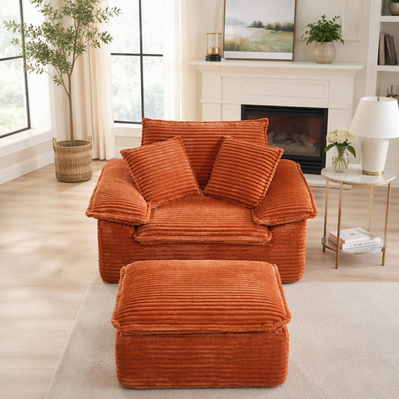 Canapé-lit surdimensionné avec fauteuil et assise profonde, pouf amovible à deux niveaux et lit d'appoint pour un confort optimal au salon.