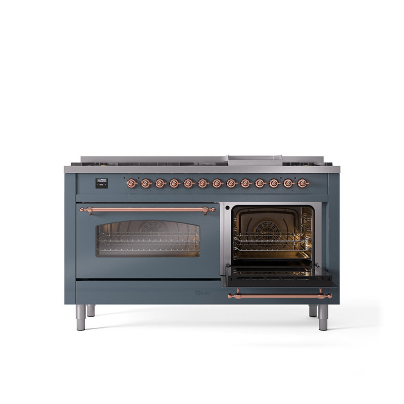 ILVE Nostalgie II 60 Dual Fuel Range, 9 Burners, Griddle, Liquid Propane, Blue/Gray/Copper