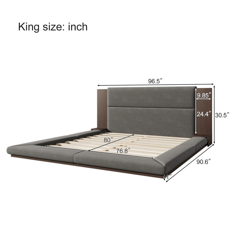 Oryss Modern Platform Bed With Integrated Nightstand Shelves, Solid Wood And Velvet Upholstery, King