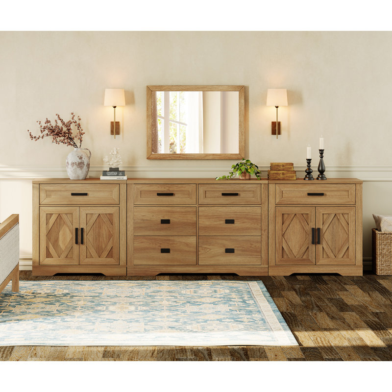Laziza 110.2"W Large Modern Farmhouse Large Storage Sideboard Cabinet With Barn Doors & Drawers, Scratch-Resistant Tree Bark Finish