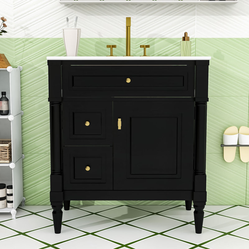 Meuble-lavabo autoportant moderne avec lavabo en céramique, tablette réglable et tiroirs de rangement, Noir
