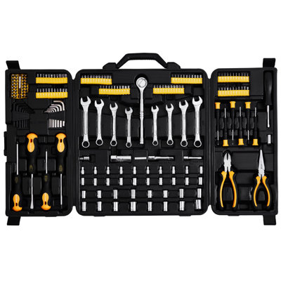 221 - Piece Mechanics Tool And Metric Sizes, Quick Release 72 Tooth Ratchet, Yellow Black Box For Garage Use Kit With 1/4" 3/8" Drive Sockets, High Durability Alloy Steel, Ratchet On Go