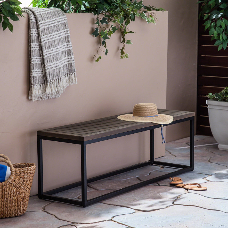 Élégant banc de siège d'extérieur en bois et en fer, gris noir, P 15,9 po x l 54,71 po, H 19,50 po, finition de repos moderne, fer noir