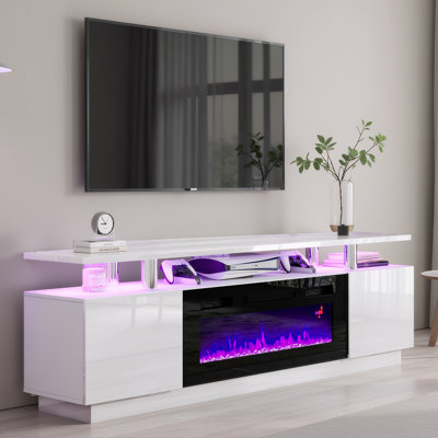 Bhhatu 2 Tier High Gloss TV Stand with Electric Fireplace Included