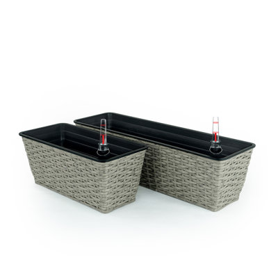 2-Pack Smart Self-Watering Wicker Planters - Indoor Outdoor Rectangle Rattan Planter Pots with Water Level Indicator, Gray