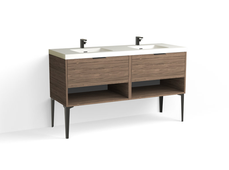 Modo 60" W Freestanding Double Bathroom Vanity with Dean Leg, Gloss White/8" Widespread, Nocino, Matte Black