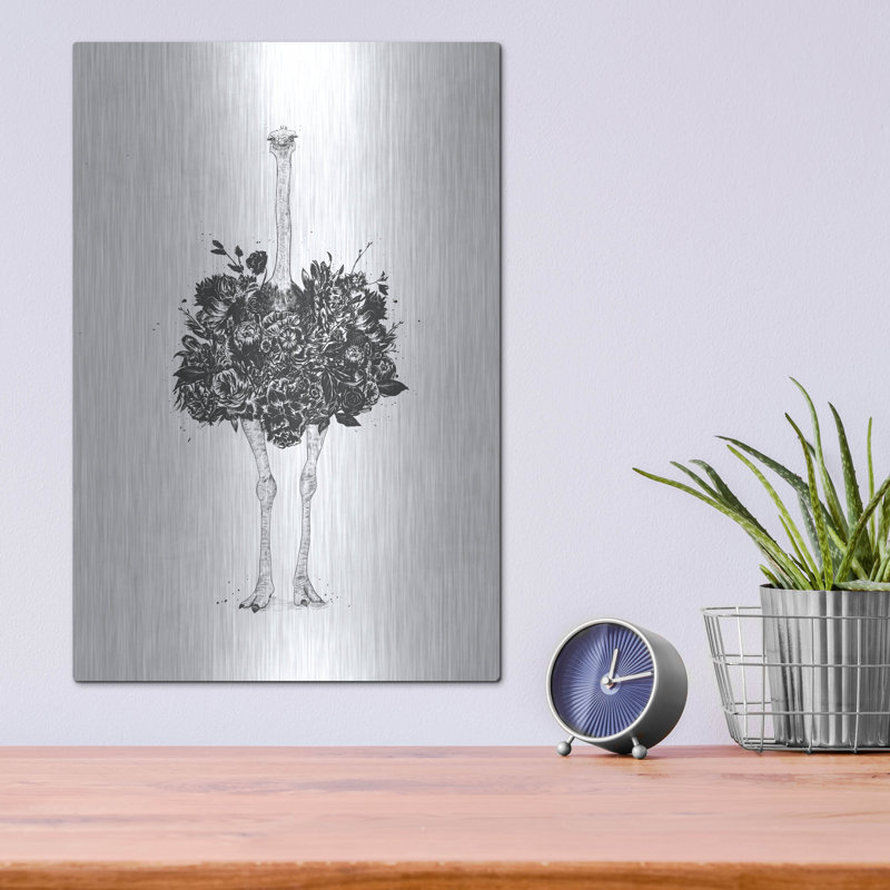 «Floral Ostrich» par Balazs Solti, art mural en métal, 24 po x 36 po, H 16 po x l 12 po