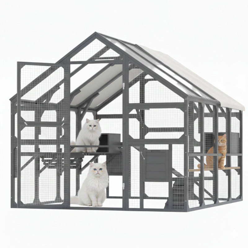 Enclos d'extérieur surdimensionné pour plusieurs félins, abri pour chat en bois avec 7 perchoirs surélevés, 2 compartiments de repos, 1 pont à maillons et 1 rampe d'escalade, niche pour chat avec toit à panneaux, gris