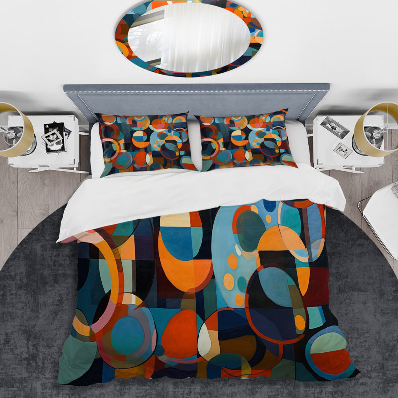 Orange Blue Geometry Unleashed I - Abstract Duvet Cover Set - Microfiber Polyester, Twin Duvet Cover + 2 Standard Shams