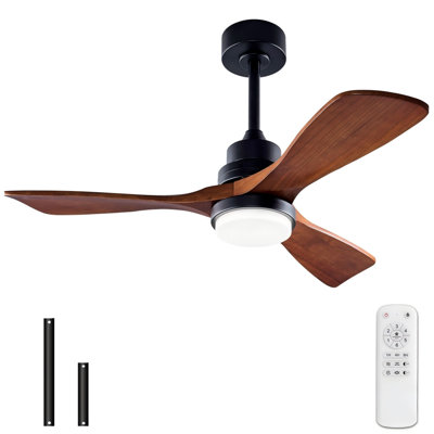 36 Inch Dark Brown Ceiling Fan With Light, 3 Blades Solid Wood Ceiling Fan with Downrod, 6-Speed Reversible Quiet DC Fan with Remote, 1/4/8 Hour Timer, for Patio Living Room Bedroom