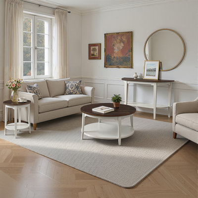 Modern Cream White Solid wood Dark Brown 2-Tier Shelves Storage Living Room Table Set 3-Piece 