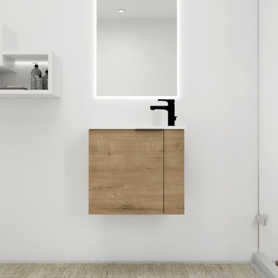 Meuble-lavabo de salle de bain avec lavabo en céramique 22 po, petite salle de bain, porte à fermeture en douceur, finition chêne imitation, poignée noire mate pour salle de bain, style flottant, lavabo,