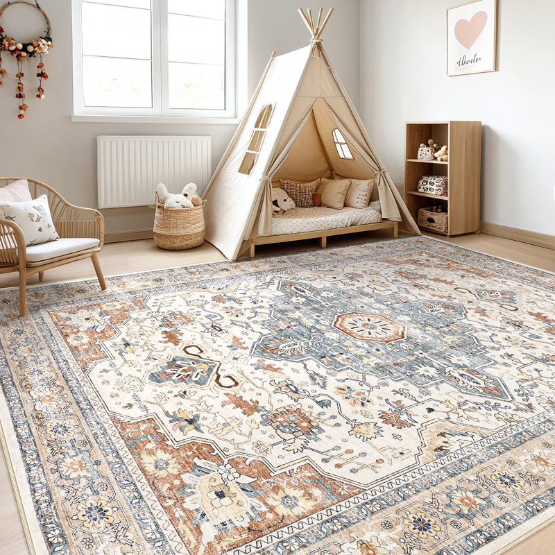 Tapis oriental lavable à la machine avec envers antidérapant Aasen, Brown/Blue, Rectangulaire 8 pi x 10 pi