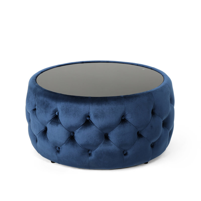 Dark Blue Modern With Button- Upholstery And Strong Tempered Glass, 29.42" W X D 14.91" H Velvet Embellishment, Blue, Glass Top, Class, 30" 14.5