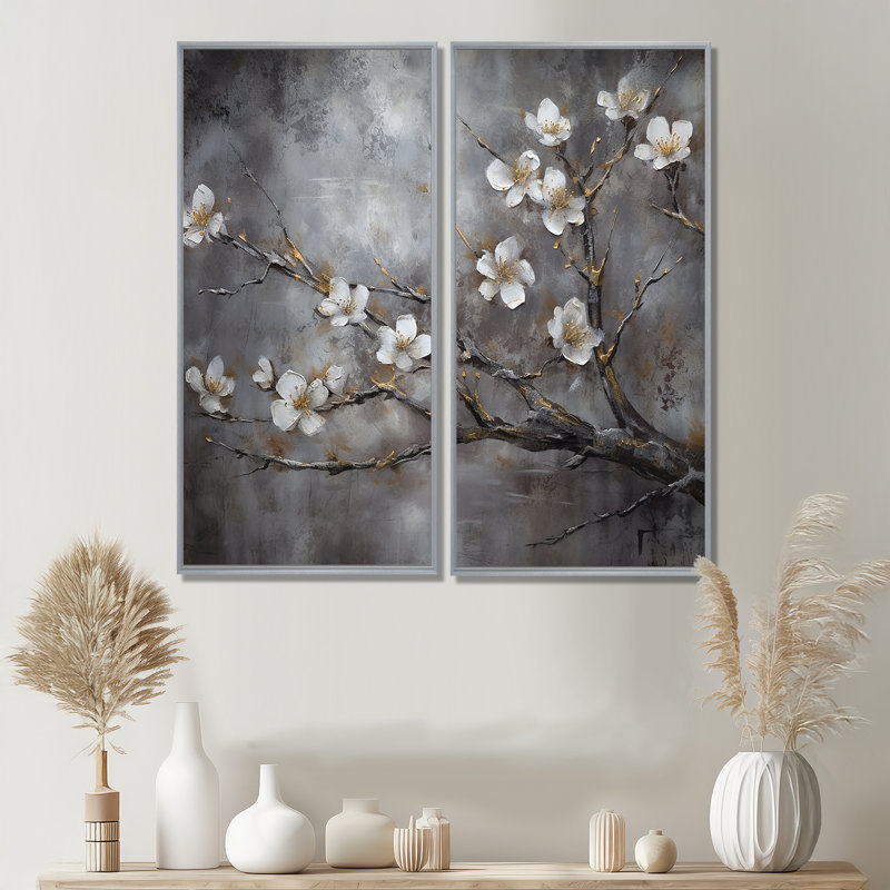 Harmonie II blanc et cerisier Blossum blanc - grand art mural floral 2 panneaux, 32" H x 32" W, Impression encadrée flottante