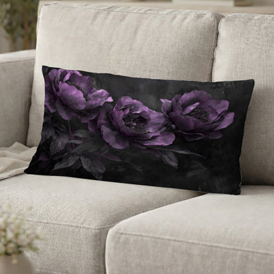 Coussin décoratif imprimé pivoines violettes et noires Midnight Bloom -