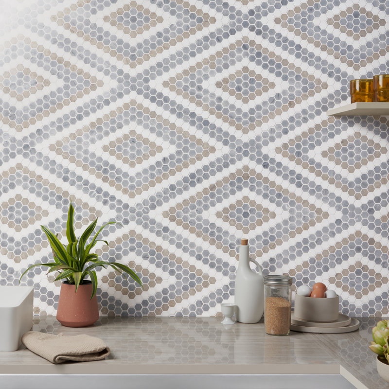 Carreau de mosaïque en marbre l 15,03 po x L 17,36 po Hyperion, Beige / crème / gris / blanc