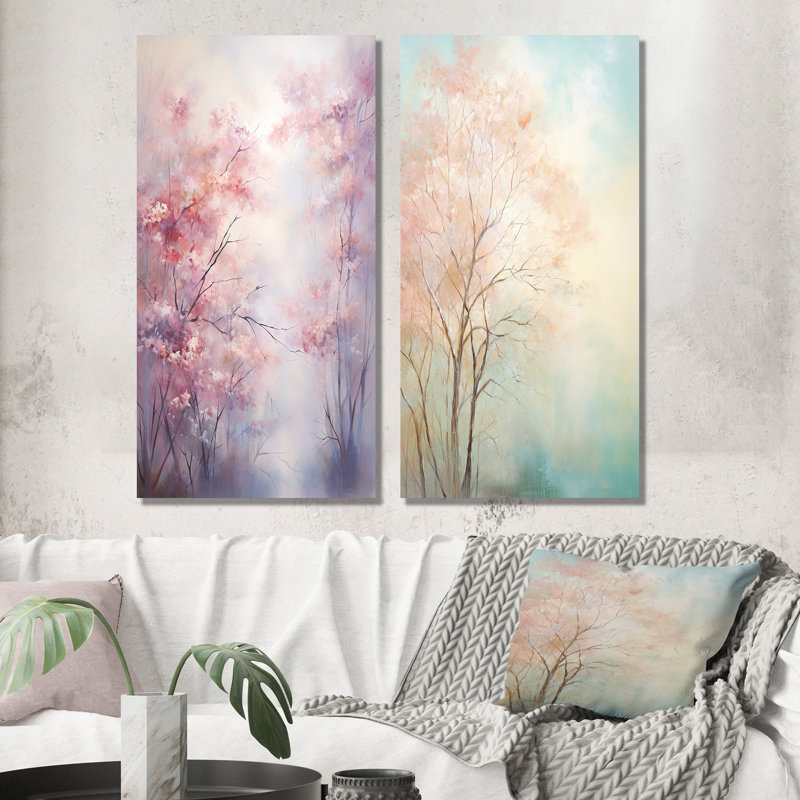 «Pink Trees Romantic Impression», 2 pièces, Toile tendue, H 32 po x l 32 po