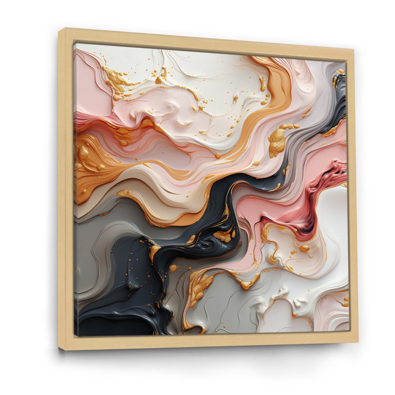Art liquide en mouvement en or rose noir et bleu I - impression, 36" H x 36" W, Cadre naturel flottant