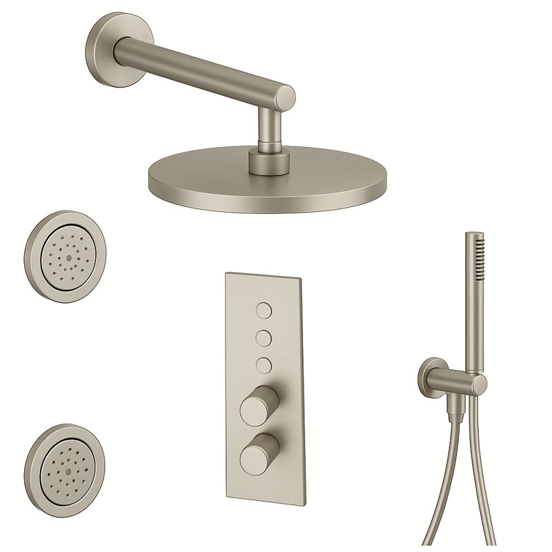 LineaBox Vertical Round 3-Way Diverter Shower System with 8-Inch Rain Shower Head, Two Body Sprays and Wall Mounted Hand Shower, Valve Included
