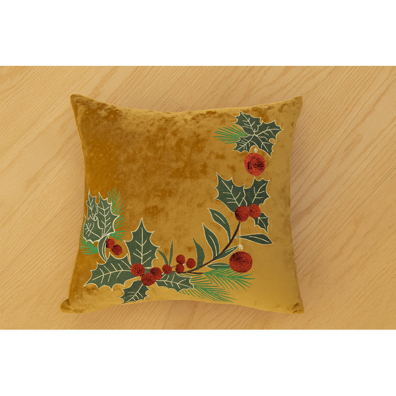 Housse de coussin de Noël brodée en velours raffiné de 18 po x 18 po Fennco Styles, Motif floral jaune, Carré 18 po