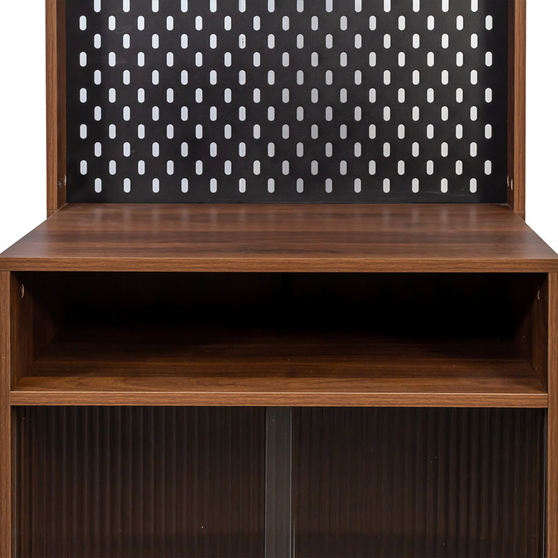 Buffet de cuisine avec 2 portes coulissantes en verre rayé, armoire de rangement autoportante pour bouteilles, vin, machine à café, four à micro-ondes, etc.