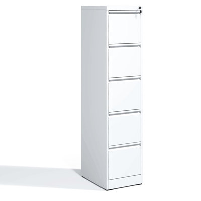 5 Drawer Metal Vertical File Cabinet, Lockable For Office/home, Steel, Easy Access Drawers, Tilt, White Finish Cabinet Full Extension,